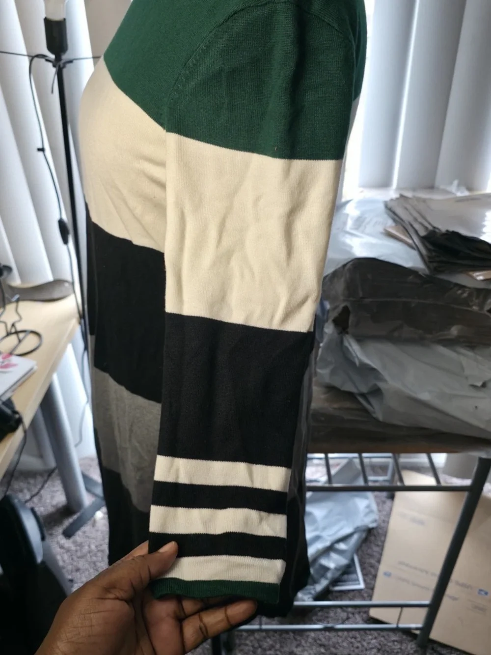 Striped Knit A-Line Dress in Green, Cream & Black - Picture 3 of 4